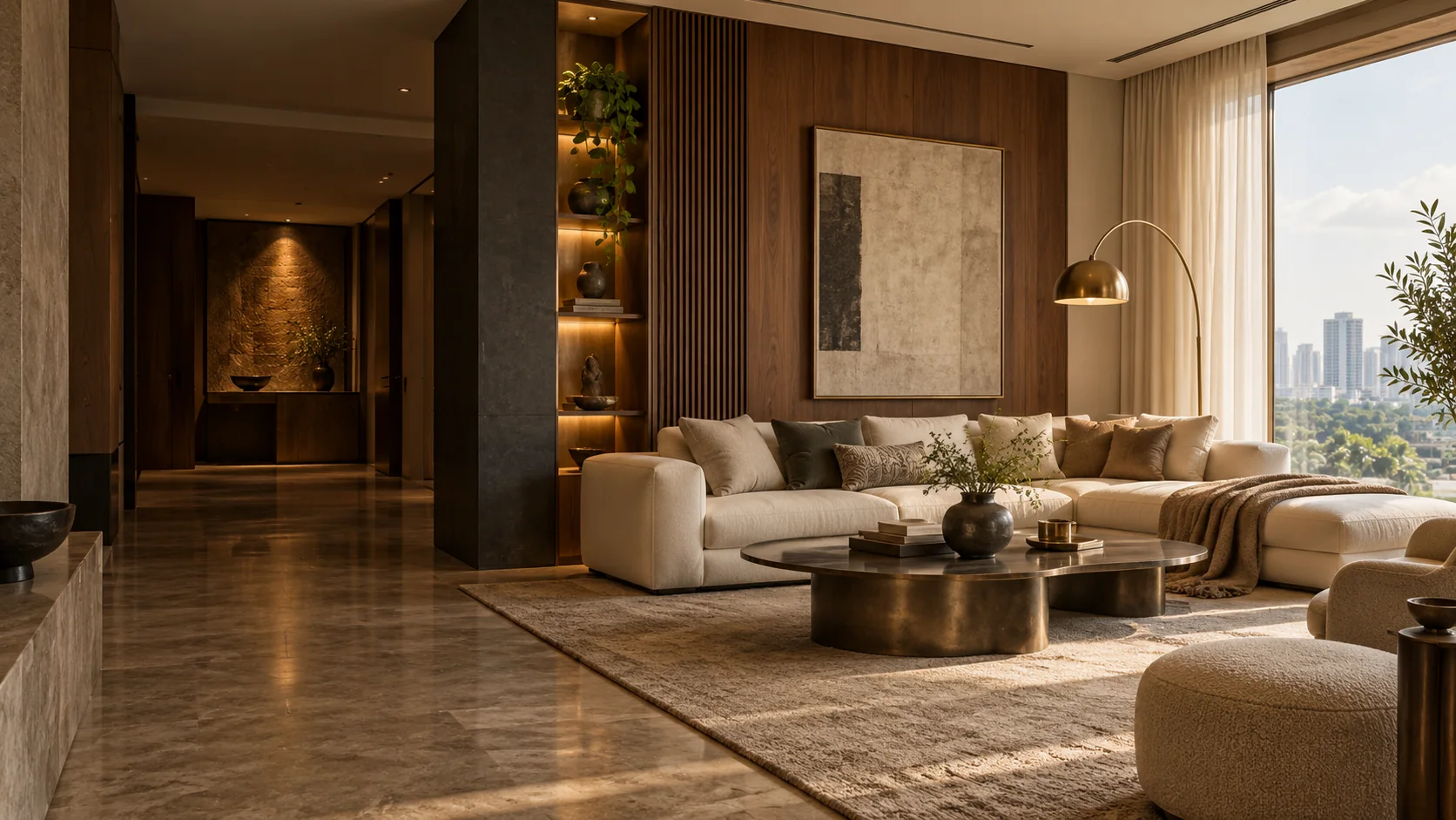 Illustrative concept of a refined living room with walnut panels and warm lighting