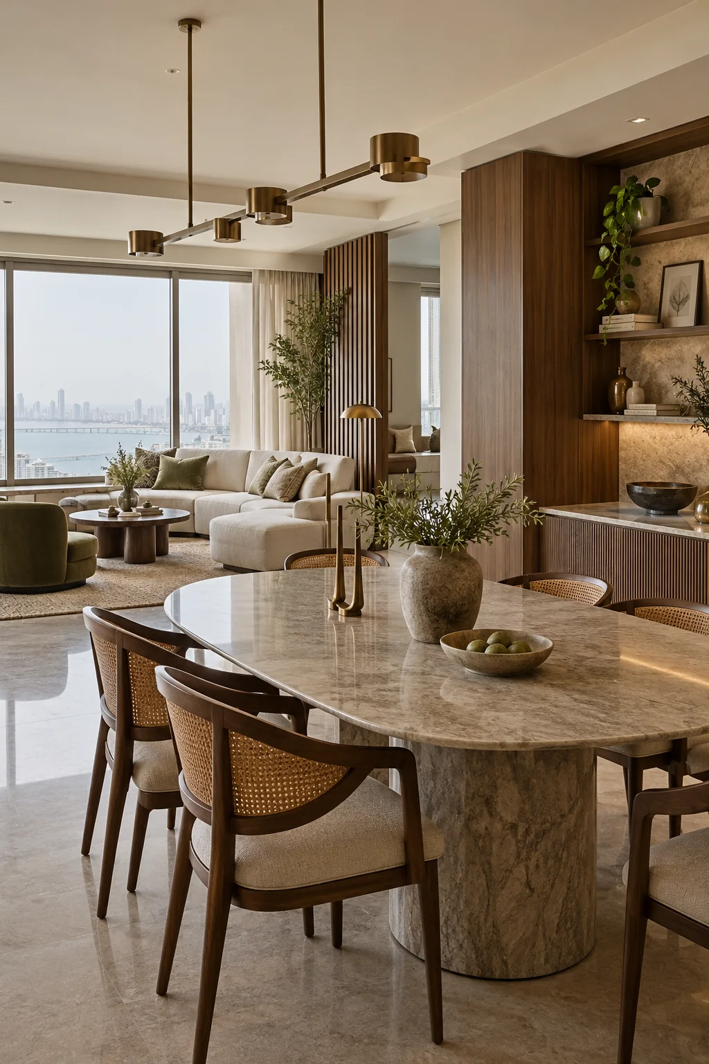 Illustrative dining room concept with stone table and cane chairs